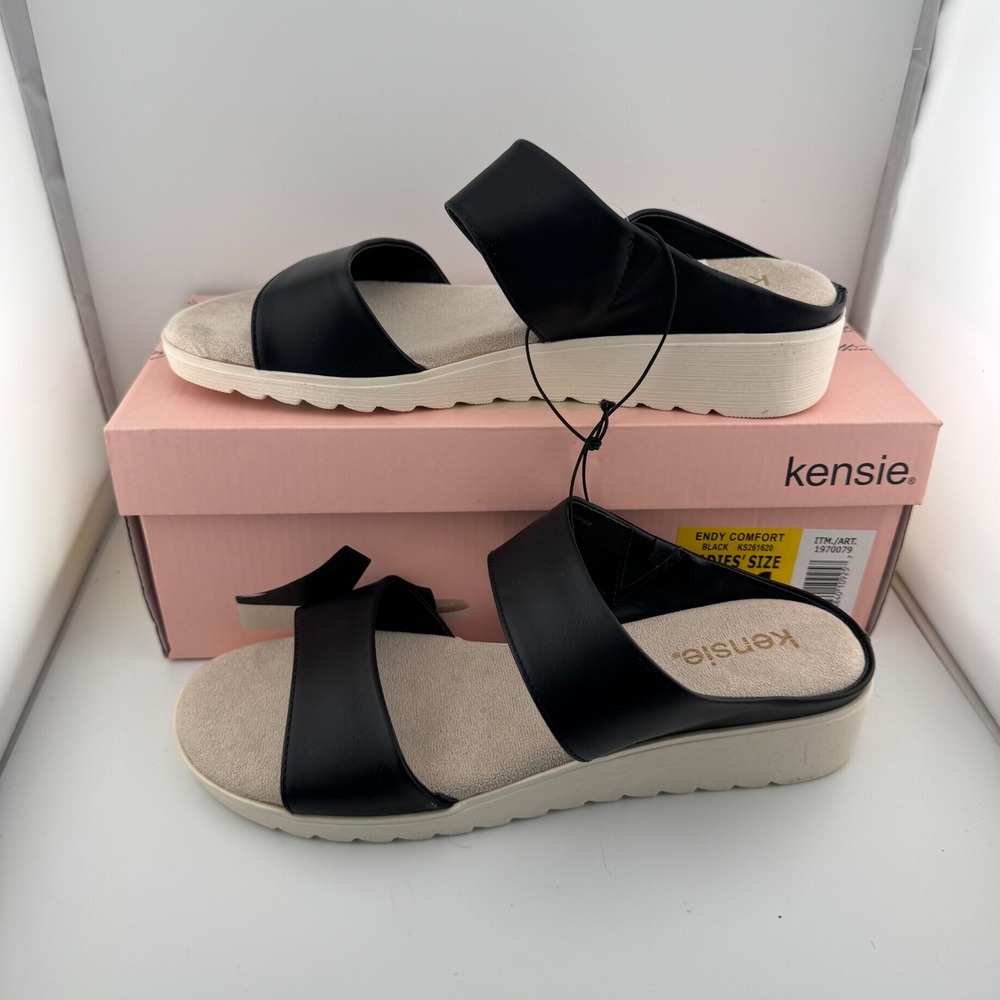 Kensie Endy Comfort Sandals Womens 6 Black New NIB Wedge Slide KS261620